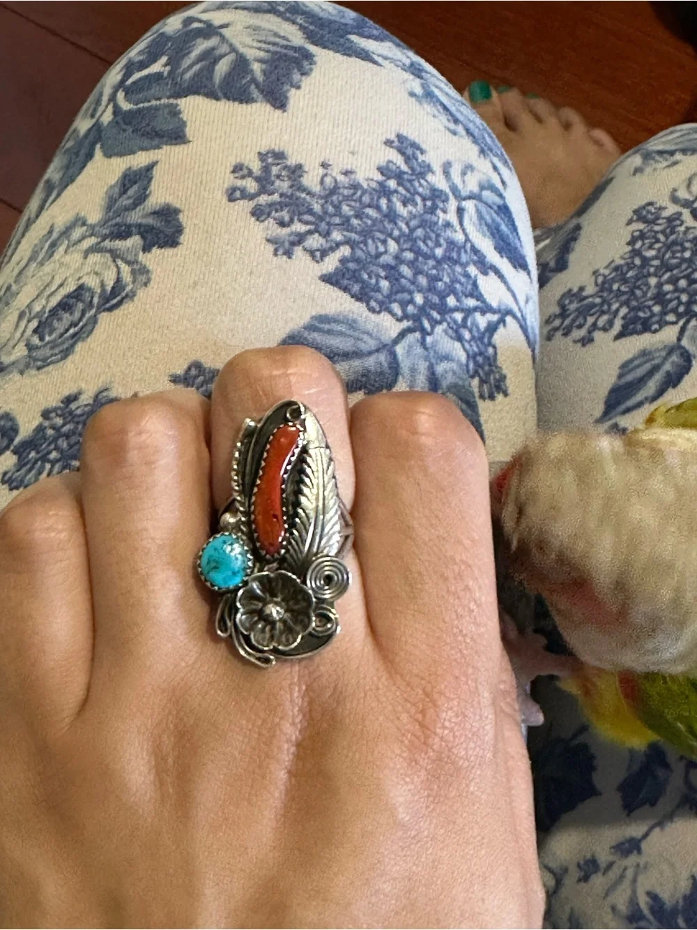 Vintage Blue Turquoise and Red Coral Ring, Native, Southwestern, Boho